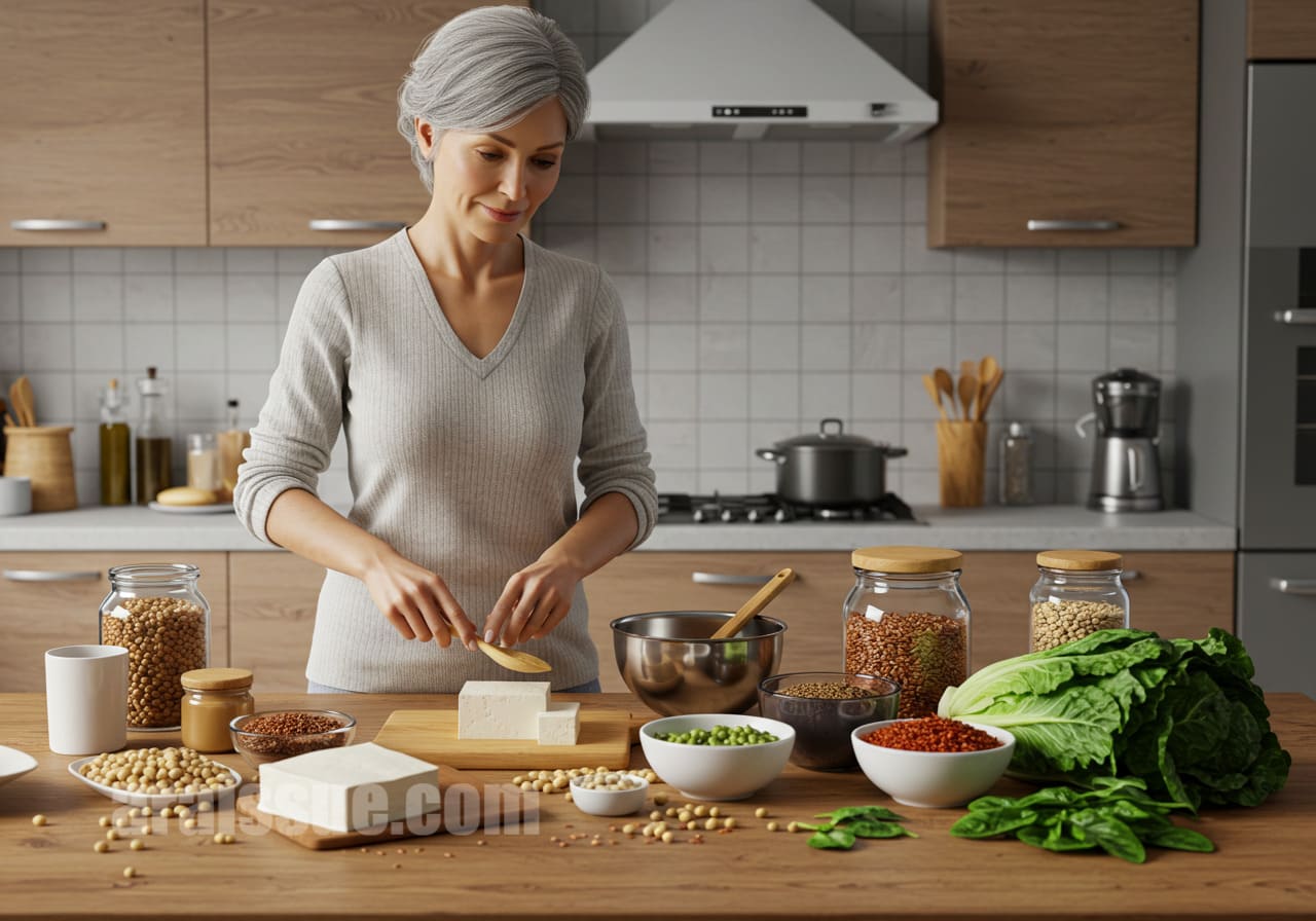 현대적인 주방에서 호르몬 균형을 맞추는 식사를 준비하는 중년 여성. 두부, 콩, 아마씨, 잎채소가 보입니다.