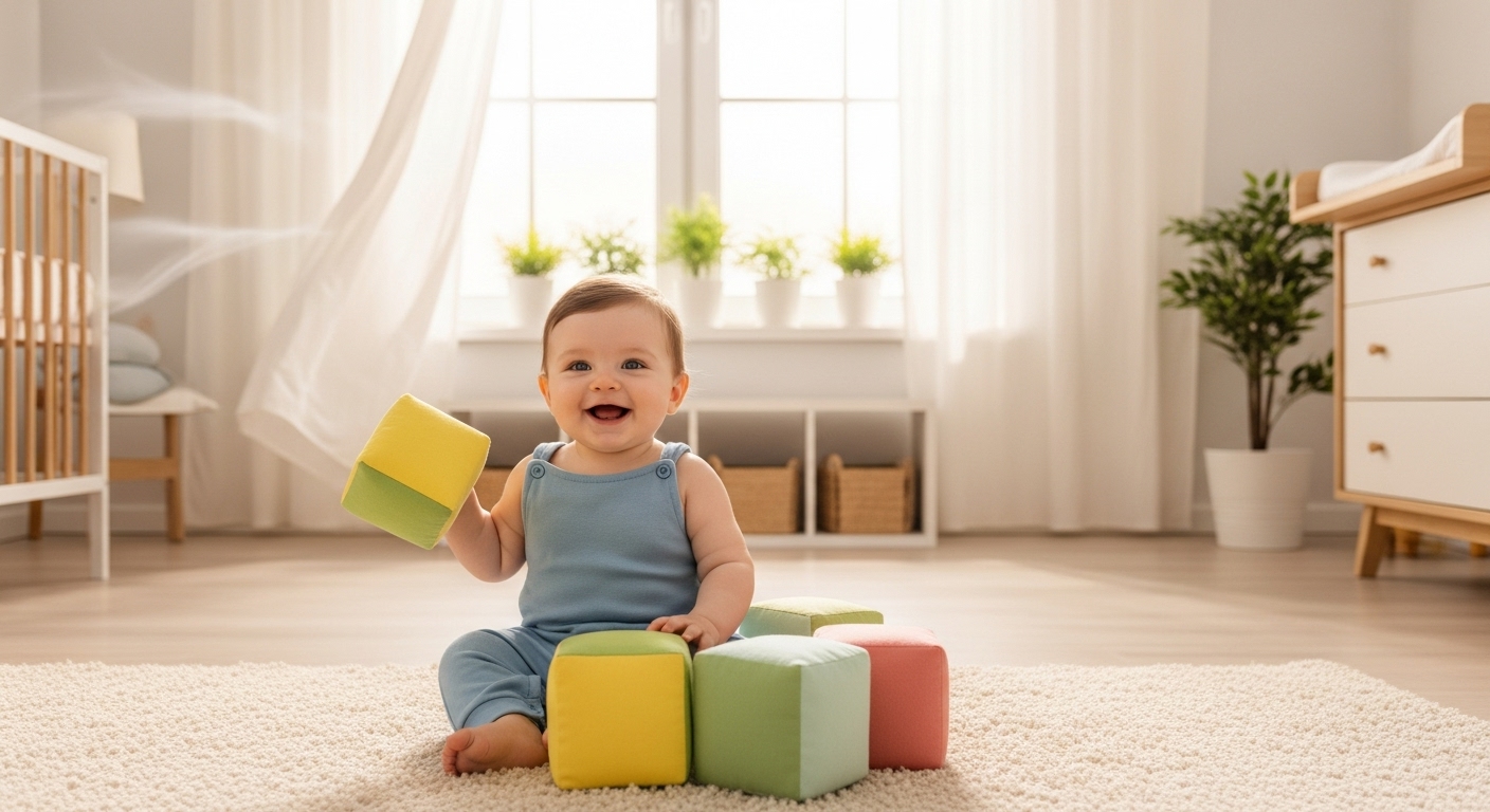 깨끗하고 환한 방에서 활기차게 놀고 있는 건강한 아기의 모습.