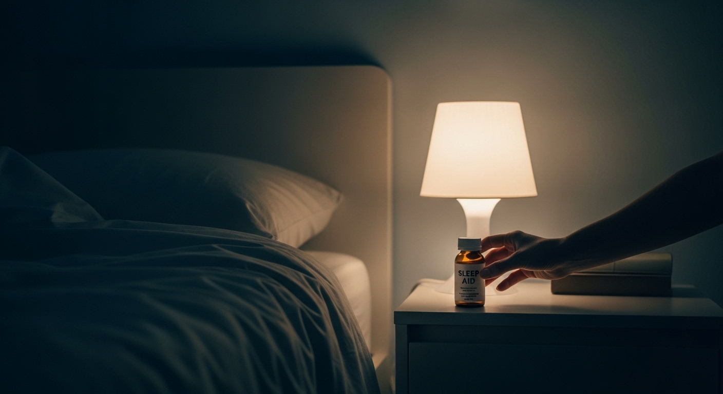 고요한 침실에서 부드러운 불빛 아래 놓인 수면유도제 병, 편안한 숙면을 암시하는 이미지