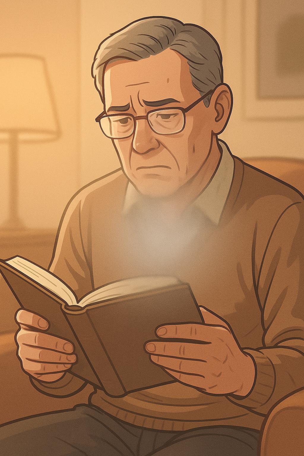 황반변성 증상으로 인해 책을 읽는데 어려움이 있는 중년남성의 이미지 만화체 그림