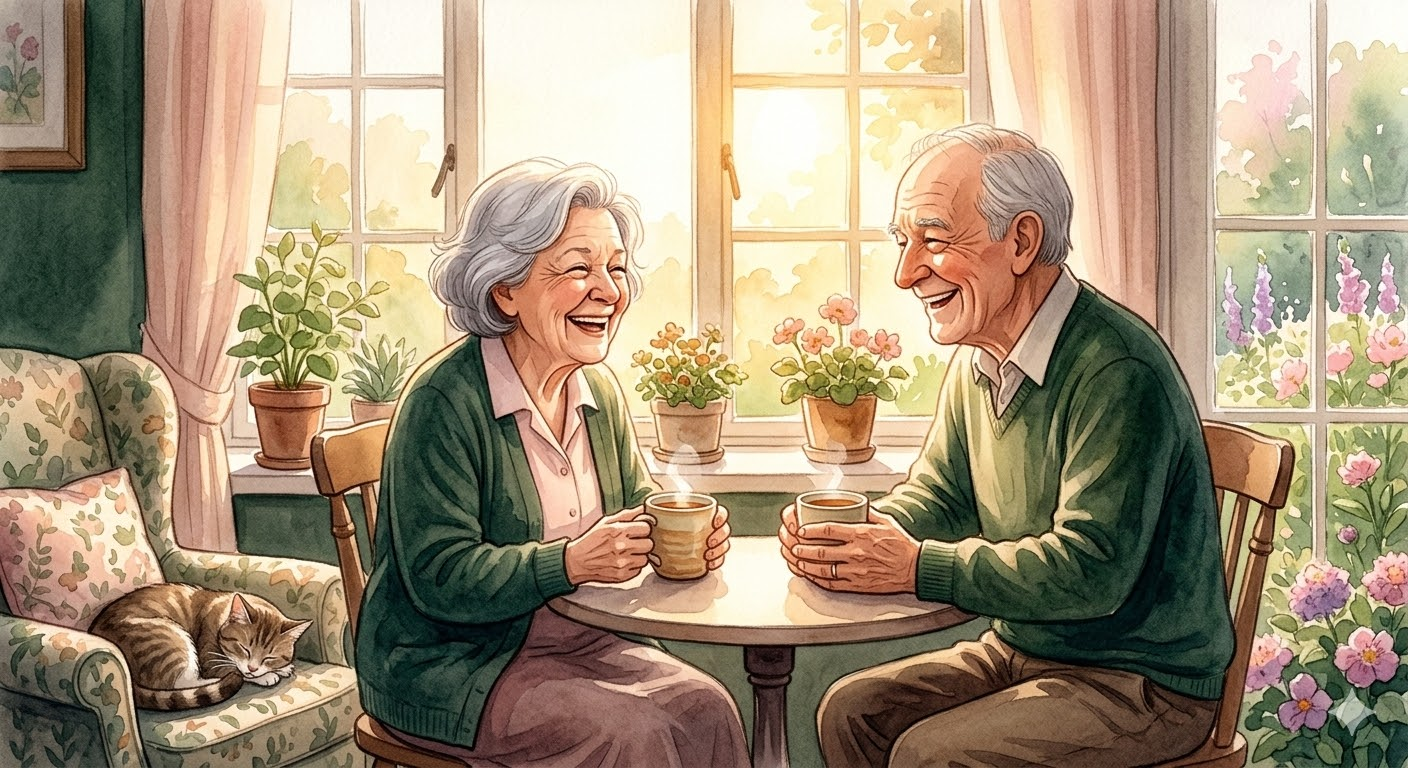 따뜻한 햇살이 내리쬐는 창가 옆에서 두 노부부가 환하게 웃으며 차를 마시는 모습
