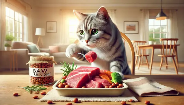 고양이가 신선한 자연식을 먹는 모습, 균형 잡힌 영양이 포함된 건강한 식단