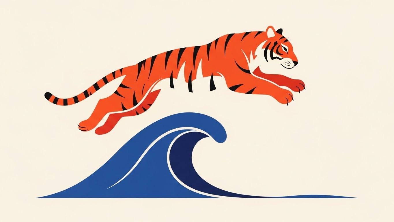 파도를 넘으며 용기 있게 도전하는 호랑이띠 캐릭터 일러스트