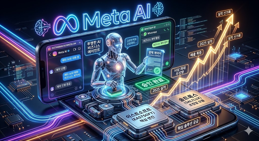 네온 레이저 빛으로 화려하게 빛나는 메타(Meta)의 AI 로고가 새겨진 스마트폰 내부 화면(인스타그램 DM, 왓츠앱 창) 속에서, 스스로 고객과 대화하며 결제 계약서에 도장을 찍는 투명한 형태의 'AI 비즈니스 에이전트'와 그 밑단에서 핵심 솔루션을 공급하는 대한민국 '이스트소프트'와 '솔트룩스'의 초정밀 AI 소프트웨어 엔진 모듈이 유기적으로 탑재되며 사상 최대치의 우상향 실적 곡선(Earnings Graph)으로 연결되는 하이테크 3D 일러스트