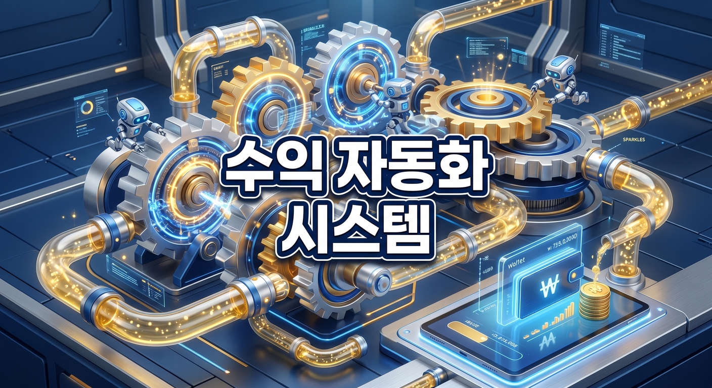 태블릿 화면의 디지털 지갑으로 연결된 황금빛 액체가 흐르는 투명한 파이프와 정교한 기계 장치들이 스스로 돌아가는 3D 일러스트 배경에, 짙은 그림자와 외곽선으로 선명하게 강조된 '수익 자동화 시스템'이라는 한글 문구가 중앙에 적힌 이미지