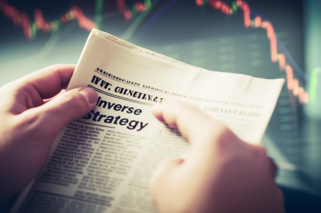 인버스 전략을 고려하며 빈티지 금융 신문을 들여다보는 투자자의 손, 아날로그 필름 감성, 따뜻한 빈티지 분위기