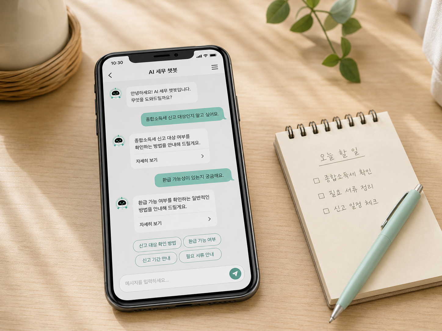 AI 세무 챗봇으로 종합소득세 신고 대상과 환급 여부를 확인하는 스마트폰 화면