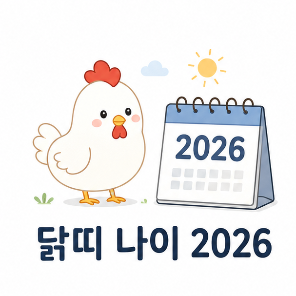 닭 일러스트와 2026년 달력으로 표현한 닭띠 나이 안내 이미지