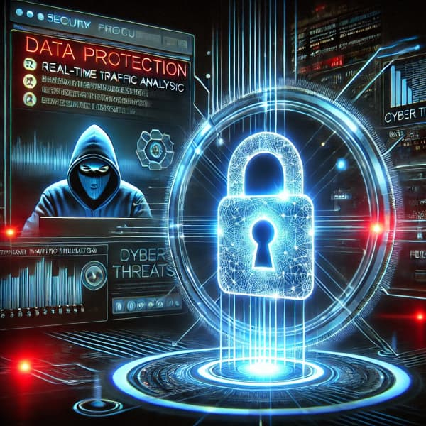 보안 자물쇠 아이콘, 네트워크 모니터링 화면, 해커와 방화벽을 상징하는 이미지