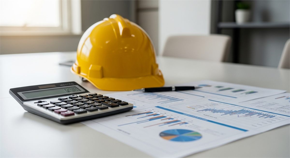 계산기와 안전모 옆 재무 자료를 놓은 책상 장면 