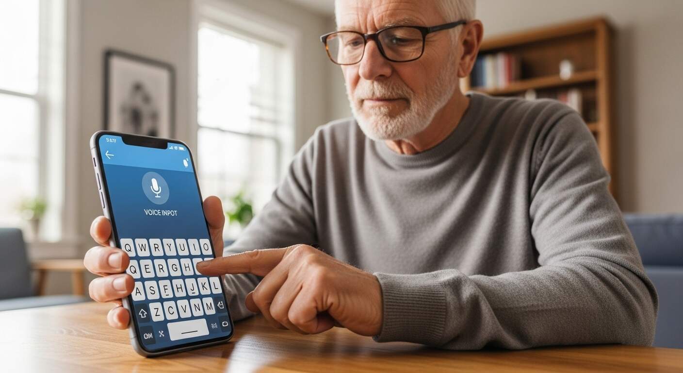 시니어가 스마트폰에서 큰 글씨 키보드와 음성 입력 기능을 활용하는 모습
