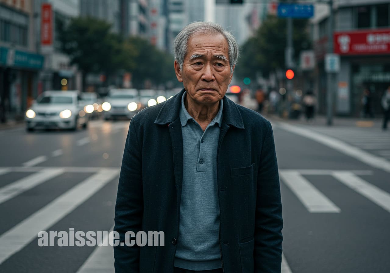 노인이 익숙한 거리에서 방향을 잃고 서 있는 장면입니다. 현대적인 도시 배경 속에서 혼란스럽고 불안한 눈빛을 표현하고 있습니다.