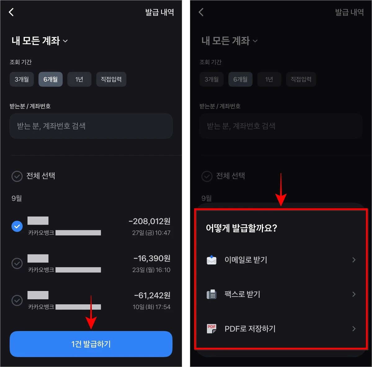 '발급하기' 버튼을 선택한 후 이체확인증을 받을 방법을 선택