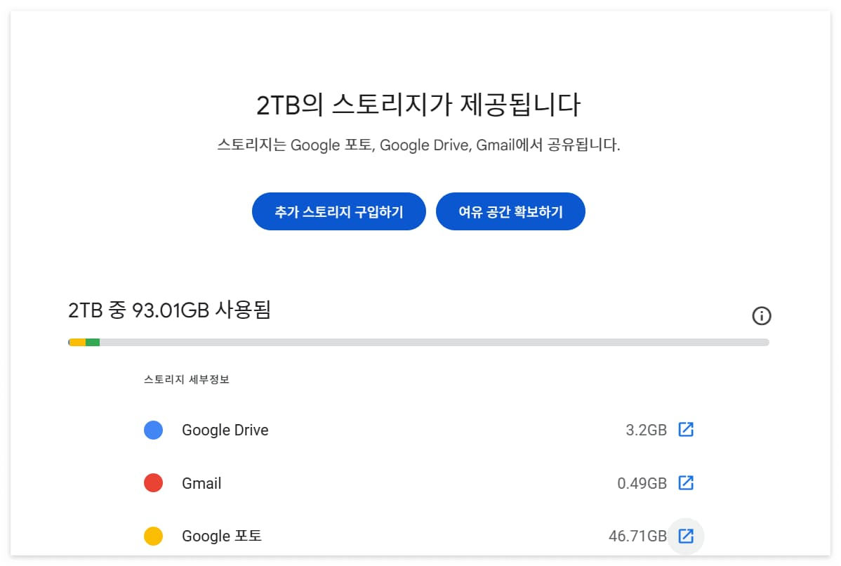 Google One 2TB 스토리지 사용 현황 화면