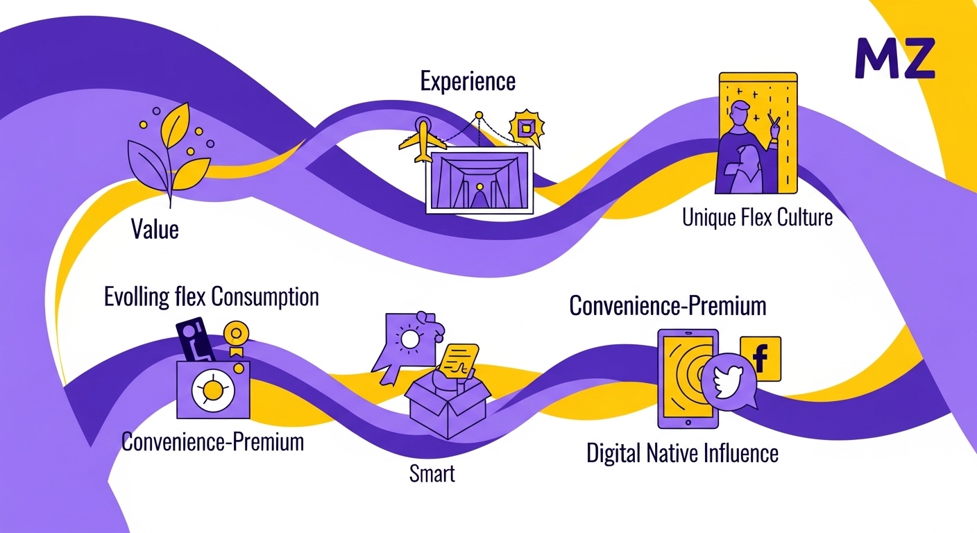 MZ세대의 5가지 소비 트렌드(가치 소비, 경험 소비, 플렉스, 편리미엄, 디지털 영향력)를 상징하는 아이콘들이 조화롭게 배치된 인포그래픽 이미지.