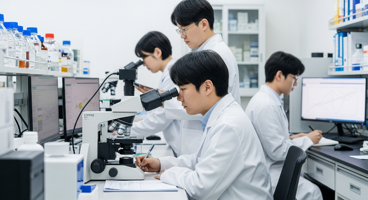 연구진들이 연구소에서 실험기기를 이용해서 연구하는 모습들입니다.
