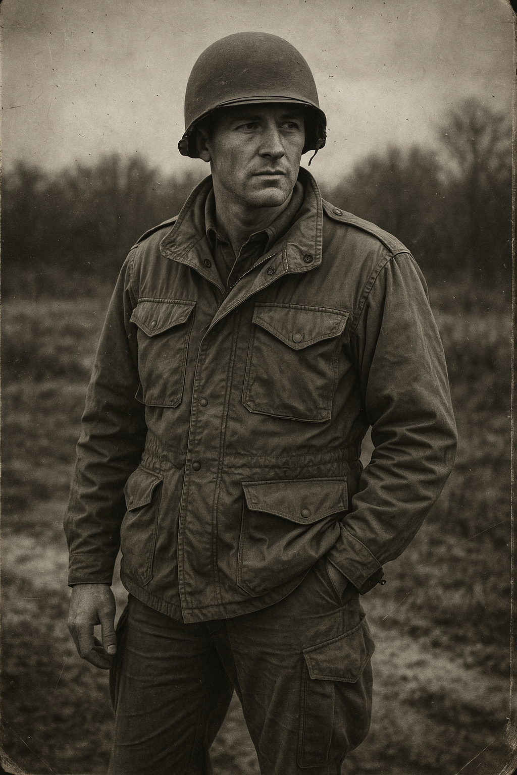 흑백 톤의 사진 속 병사가 철제 헬멧과 야상을 착용하고 야외에서 서 있는 모습, 빈티지 질감이 강하게 표현됨