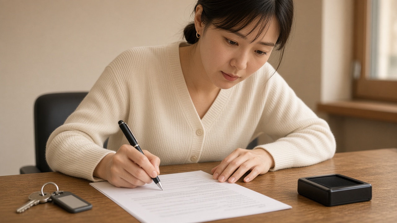 중개사무소 나무 테이블에서 열쇠 옆에 놓인 임대차계약서에 서명하는 한국인 20대 후반 여성