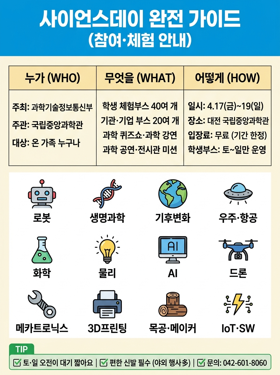 2026 제55회 사이언스데이 완전 가이드 인포그래픽 — 4월 17~19일 국립중앙과학관, 학생 체험부스 40개 기관 기업 부스 20개, AI 로봇 드론 우주 화학 물리 등 12개 분야 체험, 입장 무료, 참여 방법 및 꿀팁 안내