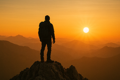 험준한 산 정상에 홀로 선 등반가가 떠오르는 해를 바라보는 뒷모습. 끊임없는 도전과 성장을 통한 영속을 의미