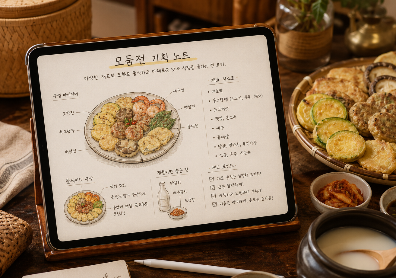 한국식 모둠전 상차림을 기획한 일러스트 노트와 실제 전 요리가 어우러진 포근한 음식 스타일링 이미지