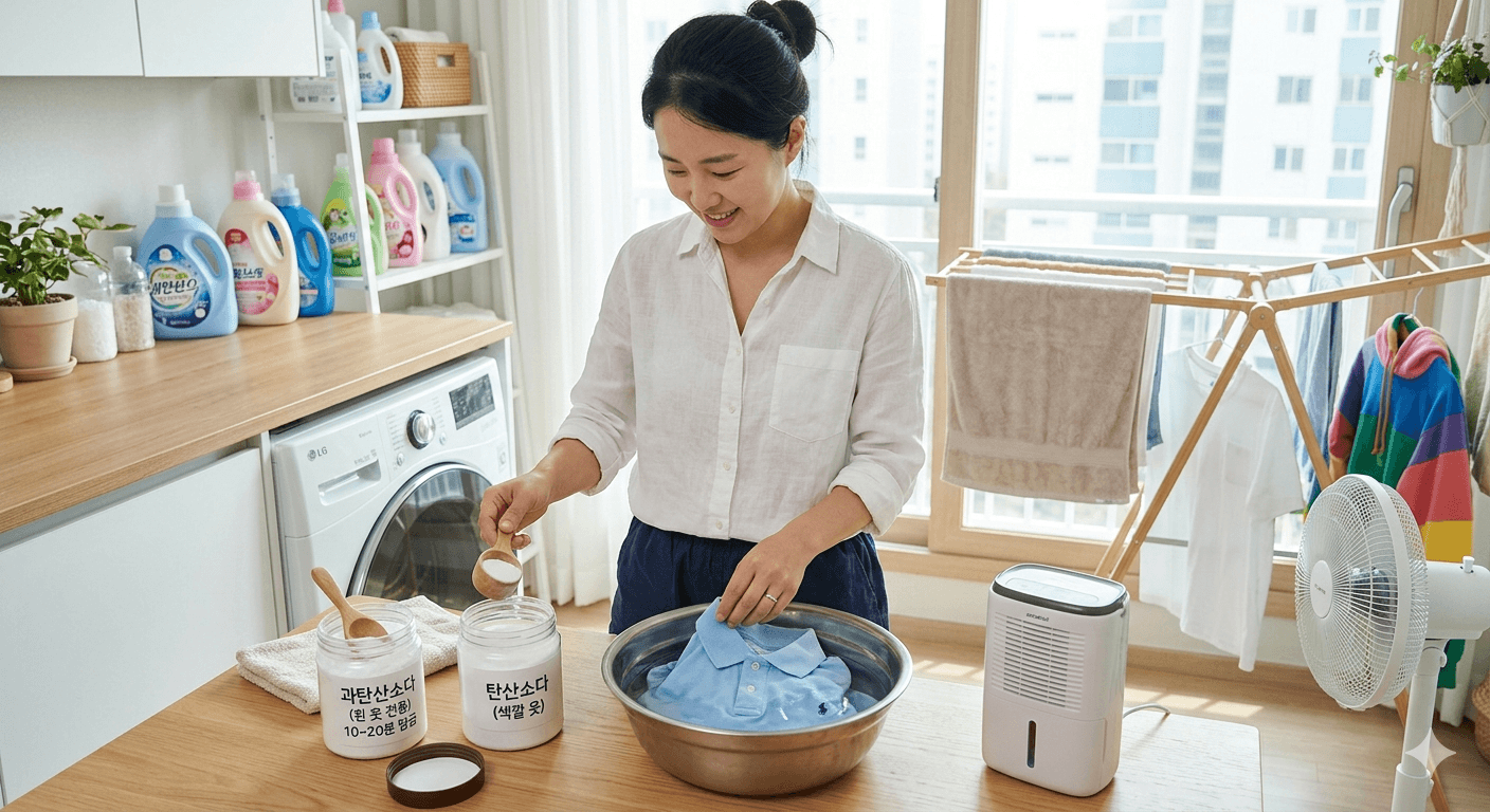 빨래 쉰네 제거.실내건조 환경에서 과탄산소다와 탄산소다 활용