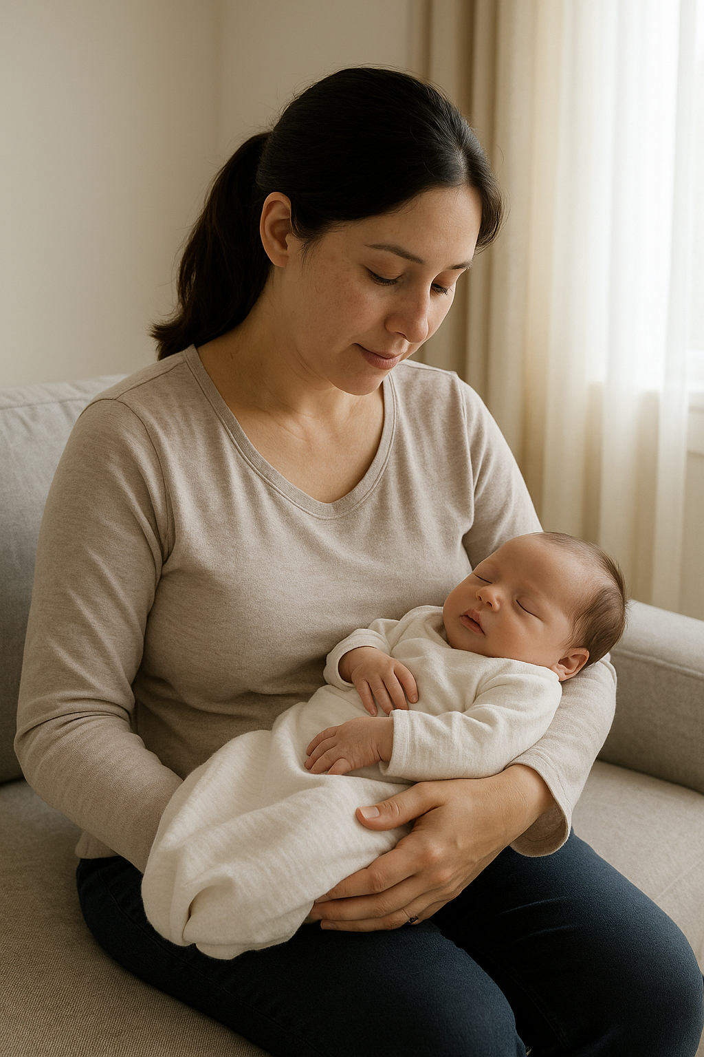 산후조리원 퇴원 후 집에서 신생아 돌보는 사진
