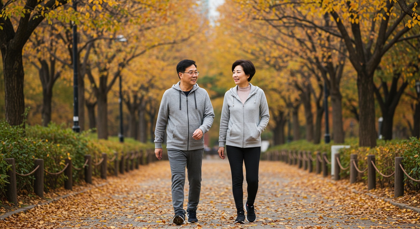 걷기 운동을 하는 중년 부부
