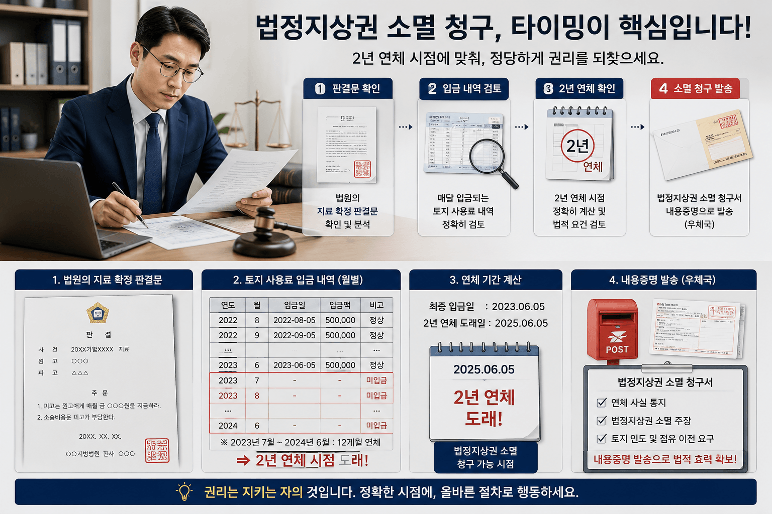 법원의 지료 확정 판결문을 바탕으로 매달 입금되는 토지 사용료 내역을 검토하고, 2년 연체 시점에 맞춰 법정지상권 소멸 청구서 서류를 우체국 내용증명으로 발송하는 투자자의 모습