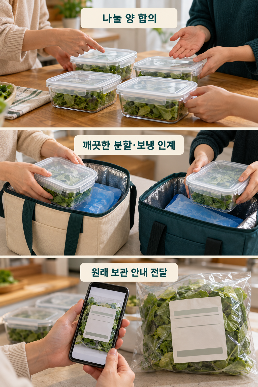 나눈 냉장식재료를 보냉가방으로 인계하고 원래 보관 안내를 공유하는 손