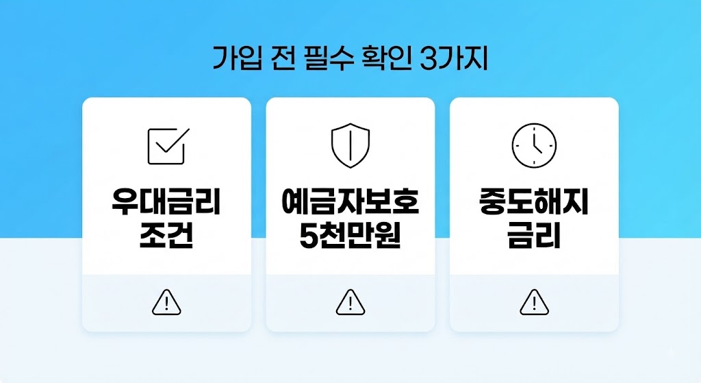 정기예금 가입 전 필수 확인사항 3가지, 우대금리·예금자보호·중도해지금리 체크리스트 정보그래픽