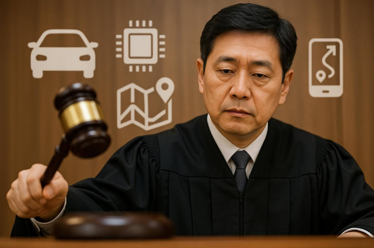 판사가 망치를 들고 자율주행차 관련 판결을 내리는 장면.