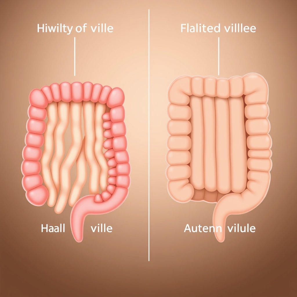 건강한 소장의 융모와 글루텐에 의해 손상된 편평한 융모를 비교하는 의학적인 일러스트레이션입니다.