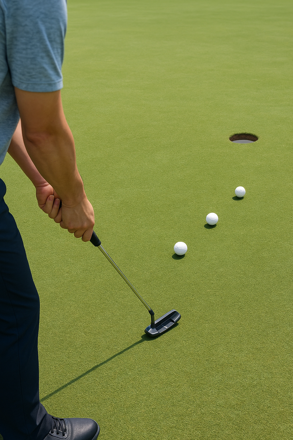 골프 5m 세컵 슬라이스라이 퍼터로 에이밍하는 모습