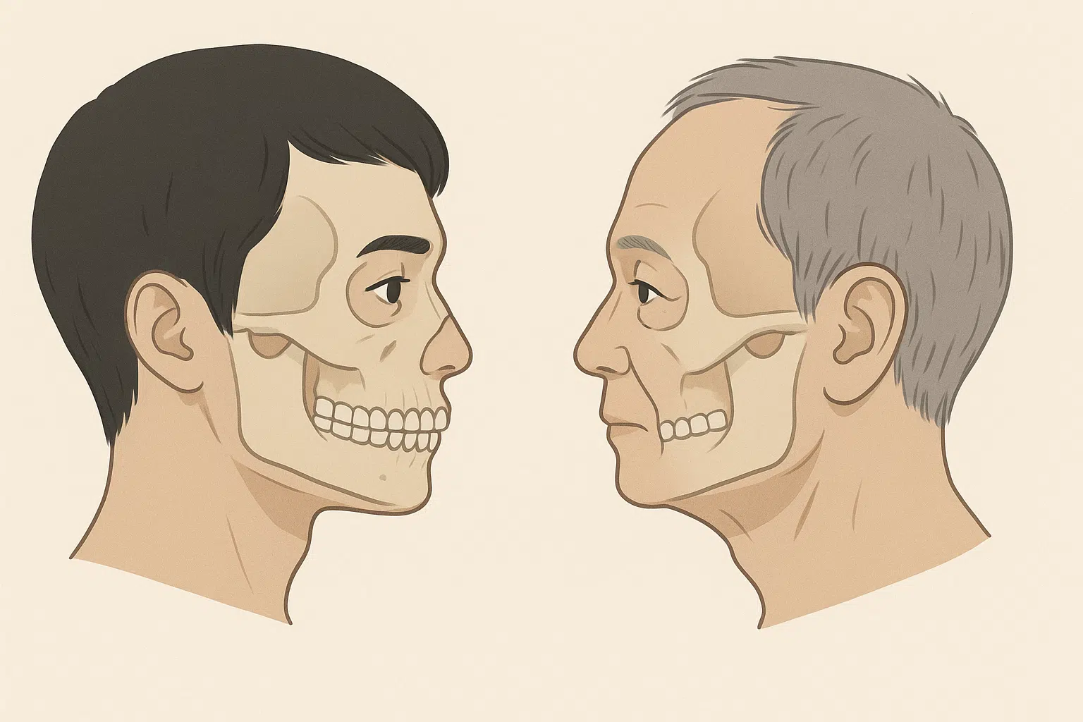 두개골의 노화 변화. 20대와 60대의 두개골 비교, 이마뼈와 광대뼈가 아주 미세하게 앞으로 돌출된 차이