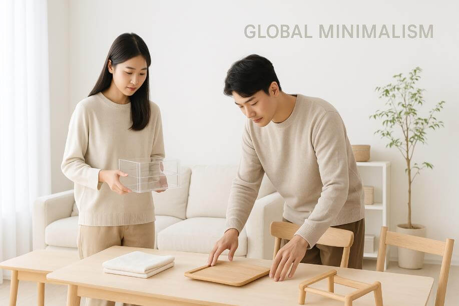 밝은 미니멀 공간에서 남녀가 MUJI풍 제품을 살펴보는 모습.