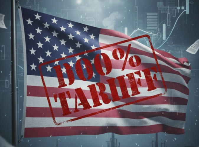 미국국기와 100% 관세