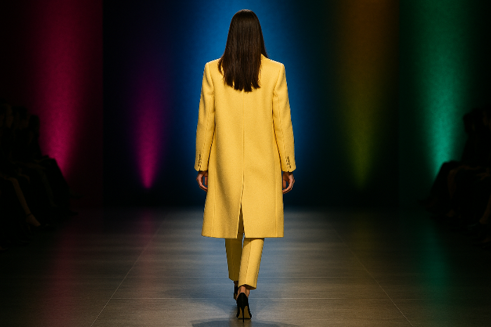 버터옐로우 코트를 입은 모델이 런웨이를 걷는 장면