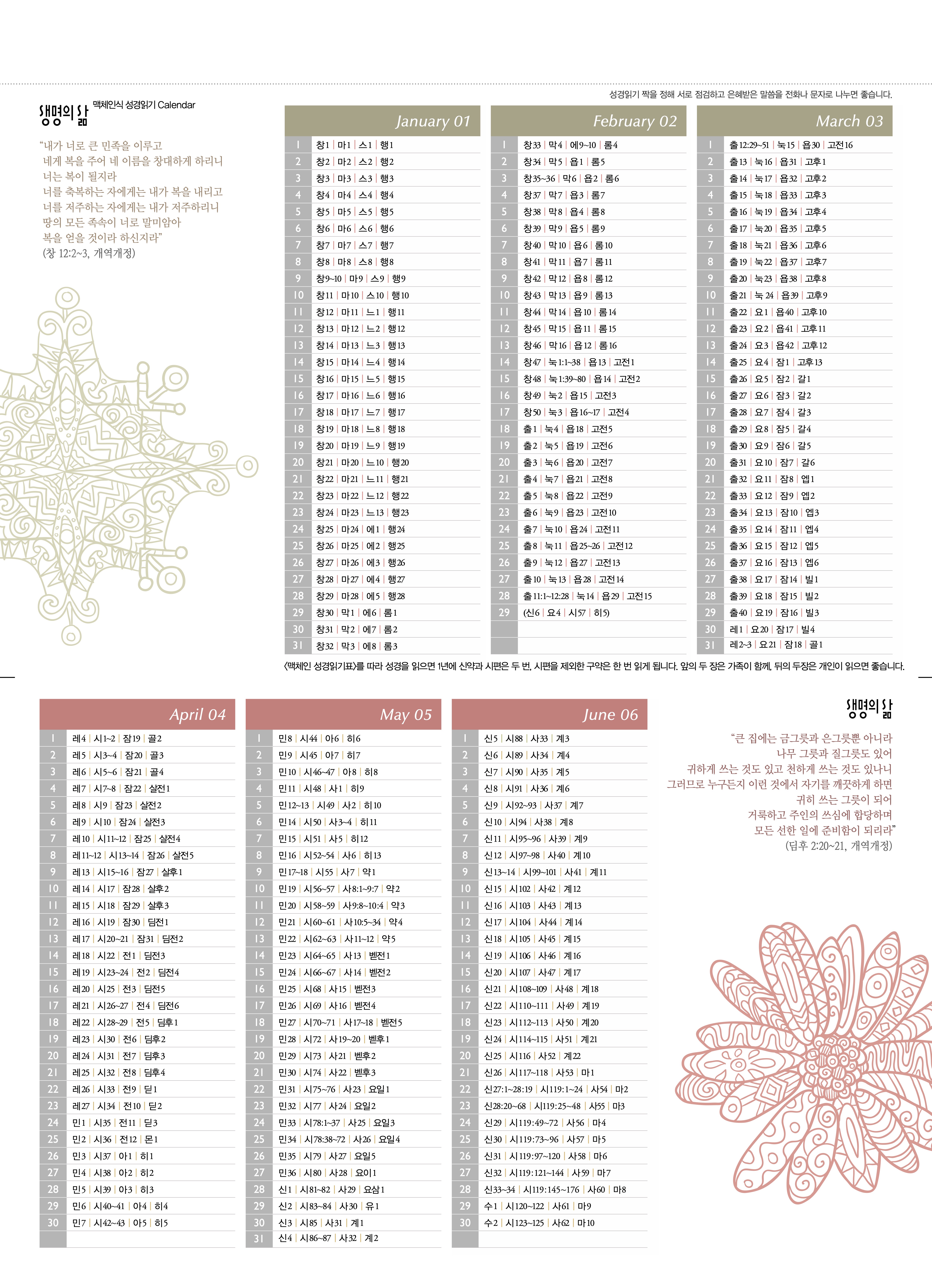 맥체인 성경읽기표 1-6월