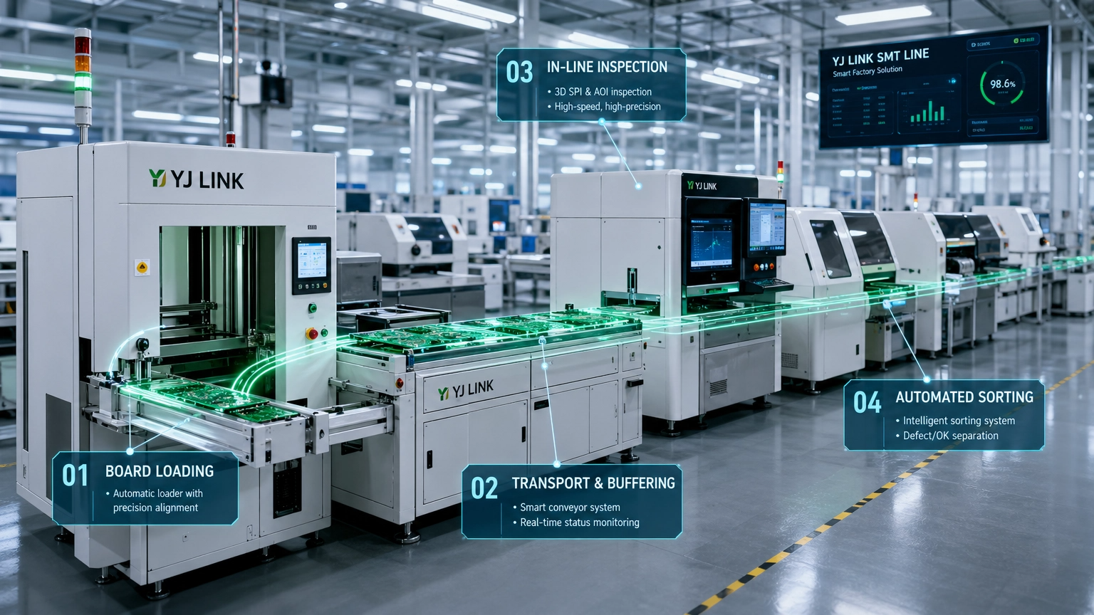 와이제이링크의 핵심 경쟁력인 SMT(표면실장기술) 자동화 공정 시스템을 시각화한 이미지입니다.
이미지 주요 특징:
전 공정 자동화 라인: 기판(PCB)의 투입(Loading)부터 이송, 버퍼링, 검사 및 분류에 이르는 SMT 라인의 전체 흐름을 한눈에 볼 수 있도록 구성했습니다.
지능형 이송 시스템: 장비와 장비 사이를 유기적으로 연결하는 스마트 컨베이어와 실시간 모니터링 시스템을 통해 와이제이링크의 통합 자동화 솔루션을 강조했습니다.
정밀 검사 및 분류: 인라인 검사(In-line Inspection) 단계를 거쳐 양품과 불량품을 자동으로 분류하는 고도의 제어 기술을 시각화했습니다.
스마트 팩토리 구현: 'YJ LINK' 브랜딩이 적용된 최첨단 장비들과 디지털 대시보드를 통해 현대적인 제조 환경의 효율성과 정밀함을 표현했습니다.