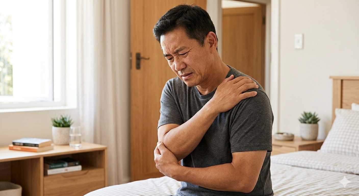 오십견 통증으로 고통스러워 하는 남성의 모습