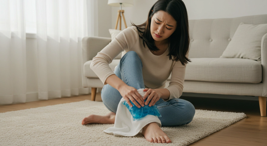 얼음팩을 수건에 싸서 발뒤꿈치에 대는 여성
