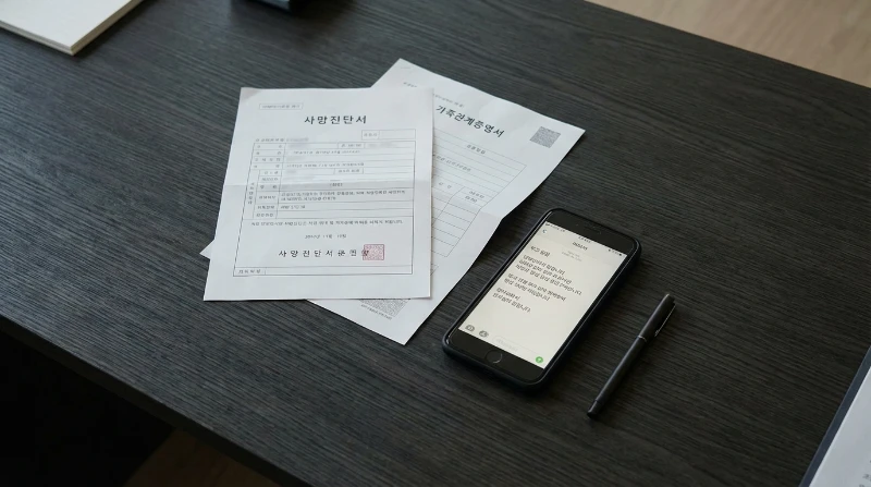 사망진단서, 가족관계증명서 등 장례에 필요한 서류와 부고 문자 예시가 담긴 휴대폰이 깔끔하게 정돈된 모습.