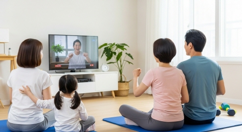 TV 화면 보며 홈트 따라하는 40대 부부