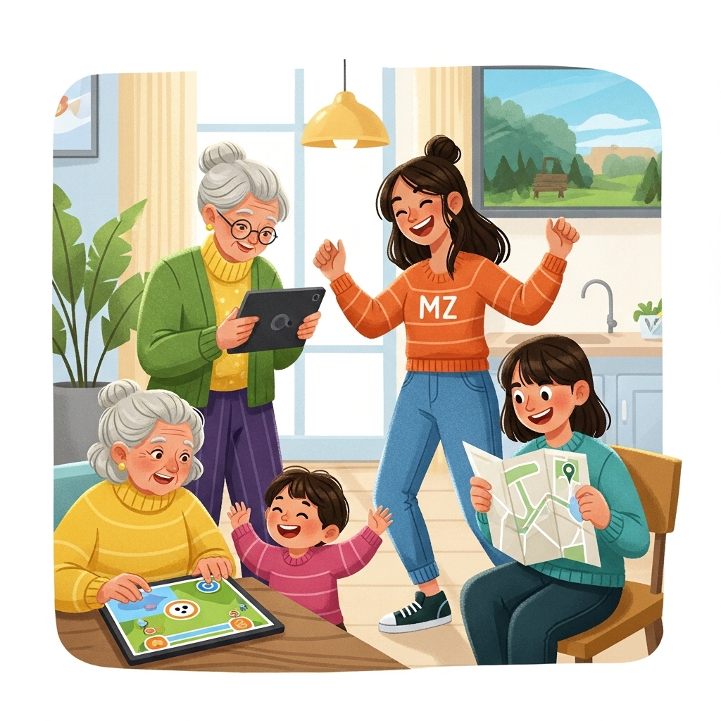 손주, 젊은 성인, 할머니 세 명의 가족이 태블릿으로 온라인 게임을 하고, 함께 춤을 추며, 지도를 보며 즐겁게 소통하는 세대 공감 놀이 장면