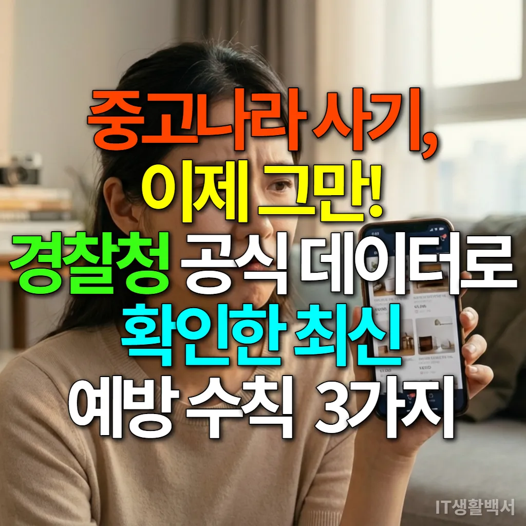 스마트폰으로 중고 거래 앱을 확인하며 걱정스러운 표정을 짓는 한국인. 중고나라 사기 예방의 중요성을 나타내는 이미지.