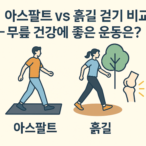 “아스팔트길과 흙길 걷기를 비교한 일러스트 – 무릎 건강에 좋은 운동은 무엇일까를 주제로 한 썸네일 이미지”