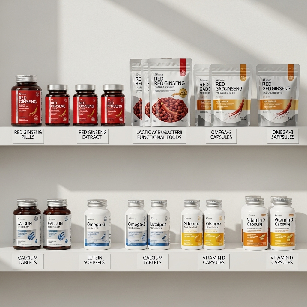 홍삼, 유산균, 오메가3, 루테인, 칼슘+비타민D 등 시니어 건강기능식품들이 정갈하게 놓여있는 모습.3