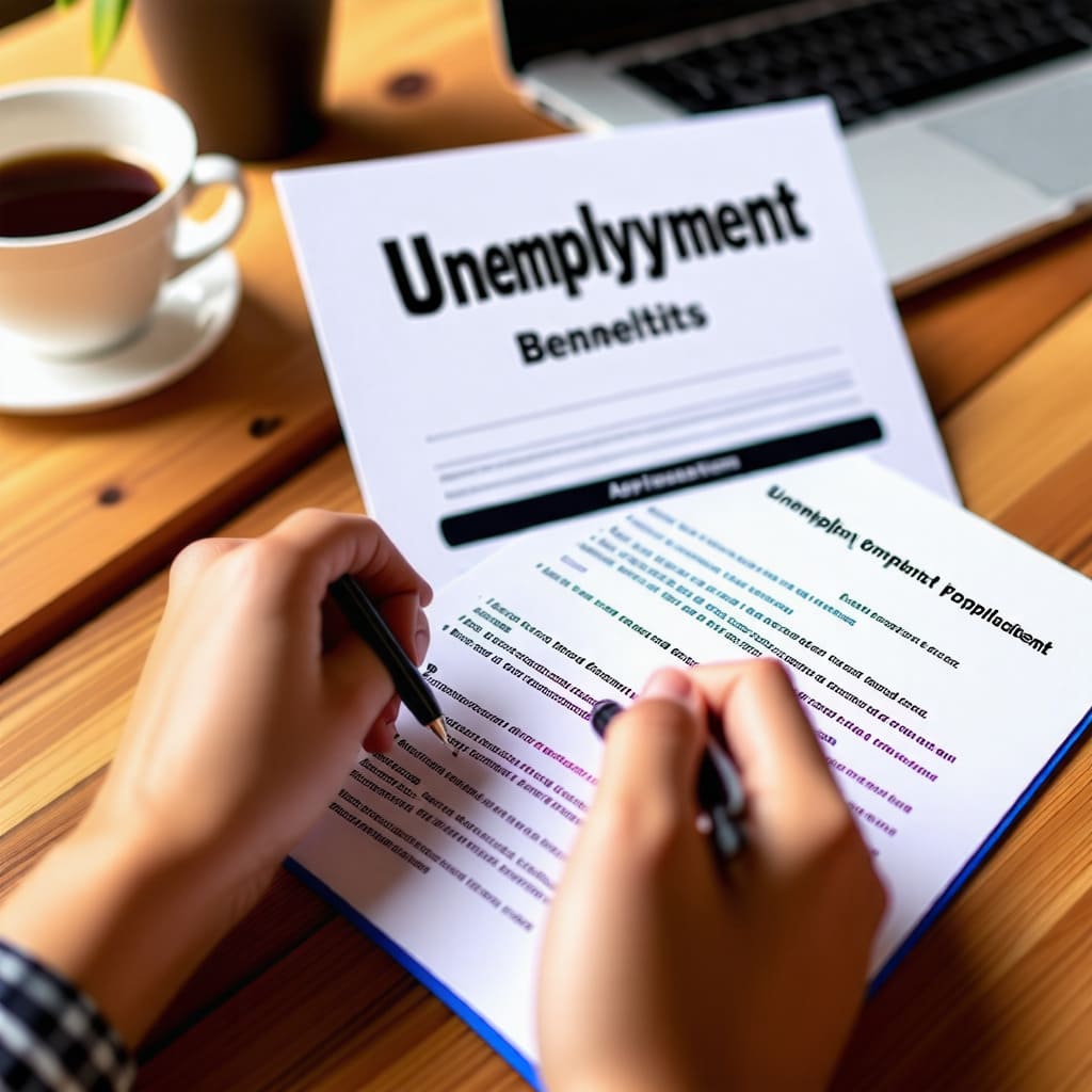 실업급여 신청서를 작성하는 사람의 손이 보이는 이미지.