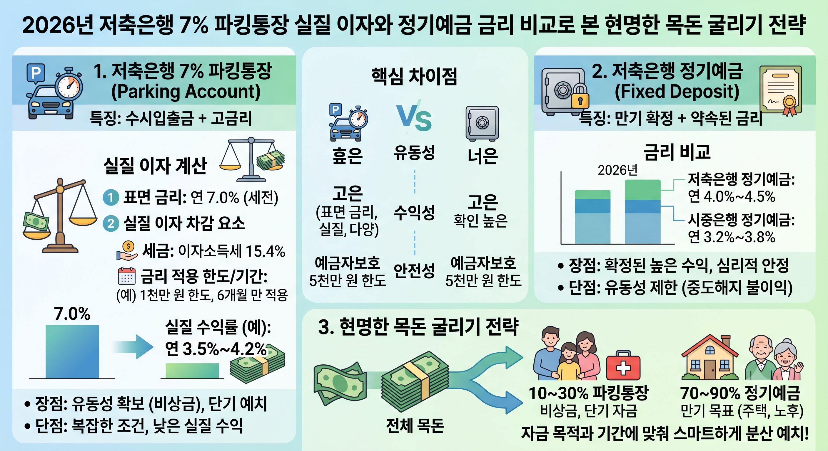 2026년 저축은행 7% 파킹통장 실질 이자와 정기예금 금리 비교로 본 현명한 목돈 굴리기 전략